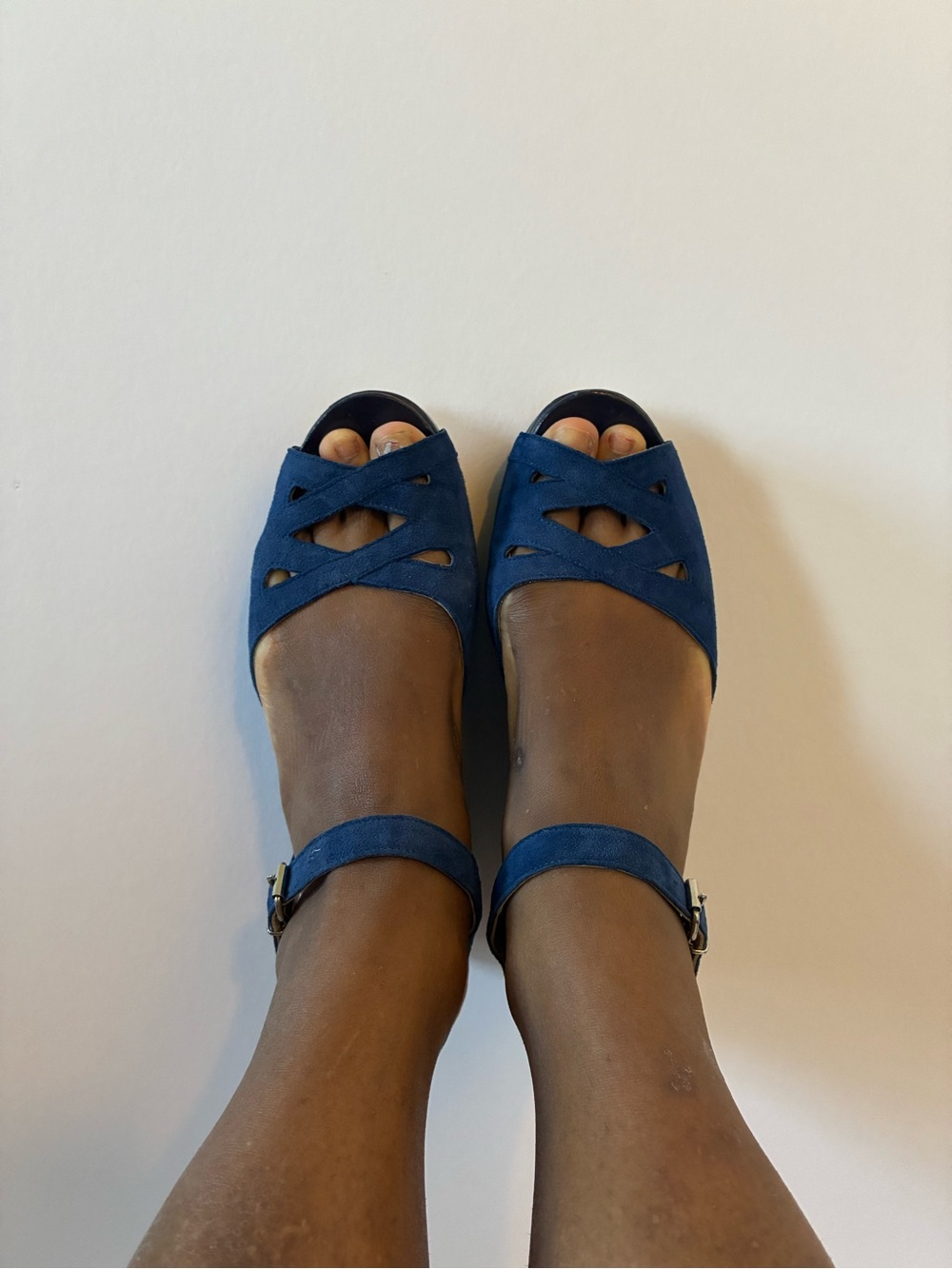 Opening Ceremony Navy Blue Suede Peep-Toe Ankle-Strap Platforms